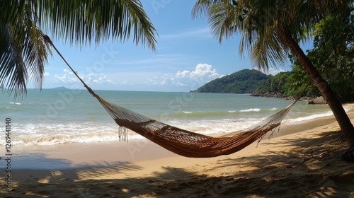 Hammock between palm trees on a tropical beach during a sunny day