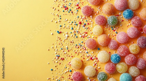 Colorful candy assortment scattered on bright yellow background for playful d...