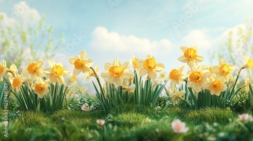 Bright and vibrant daffodils blooming in a lush green field on a sunny spring...