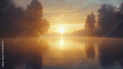 Sunrise over tranquil river with mist and reflections in early morning light