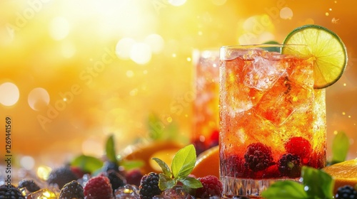 Refreshing summer cocktail with fruits and ice served in a clear glass