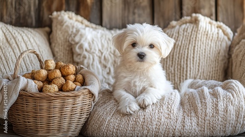 Adorable puppy sitting beside a basket of cookies in a cozy indoor setting