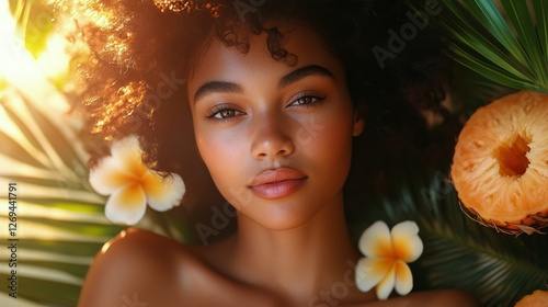 Portrait of a young woman surrounded by blooming flowers in soft natural ligh...
