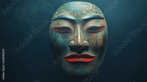 A traditional Japanese Noh mask floating against a dark gradient background