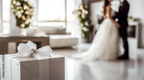 White wedding gift indoors, bride and groom on background