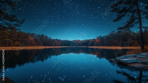 Stars illuminate a calm lake under the Milky Way at twilight near a forested ...