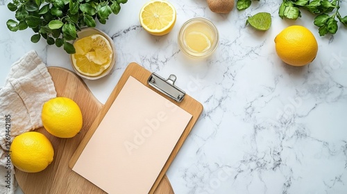 Decorated workspace with flowers and lemons inviting creativity and organization