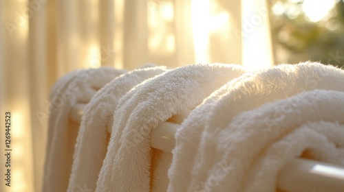 Soft white towels hanging on a rack in sunlight near a bright window during a...