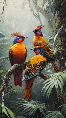Colorful tropical birds perched on a branch in a lush jungle during daytime i...