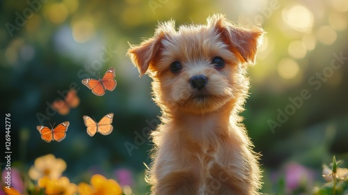 Puppy playing in a field of flowers with a butterfly on a sunny day