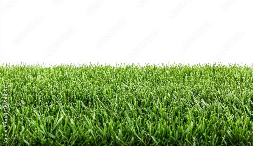 Obraz premium Vibrant green grass texture on white background, lush and dense. Ideal for spring, summer, nature, or environmental themes. Perfect for design