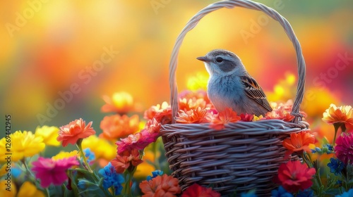 Small bird resting among vibrant flowers in a wicker basket creates a joyful ...