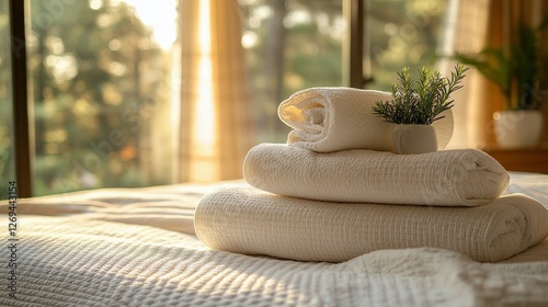 Cozy layered pillows on a soft bed with warm candlelight in a serene room set...