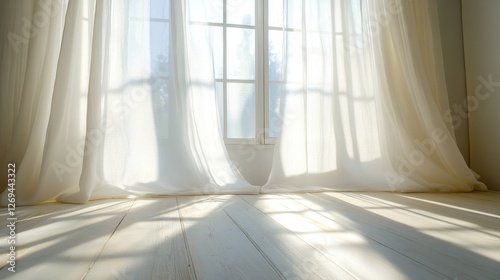Bright sunlight casts soft shadows through sheer curtains in a cozy indoor space