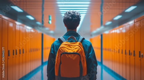 Student walking through brightly colored hallway of a school with lockers in ...