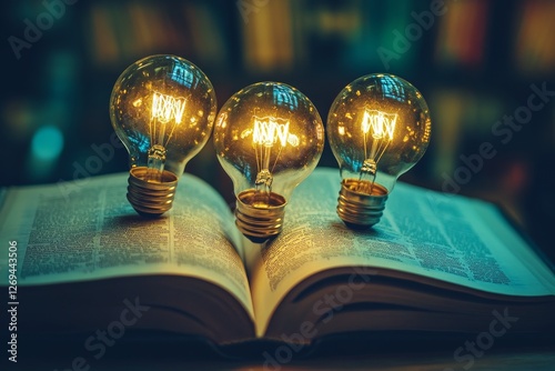 Creative lighting arrangement on an open book with glowing bulbs in a cozy in...
