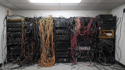 A tangled mess of audio equipment and cables fills a room