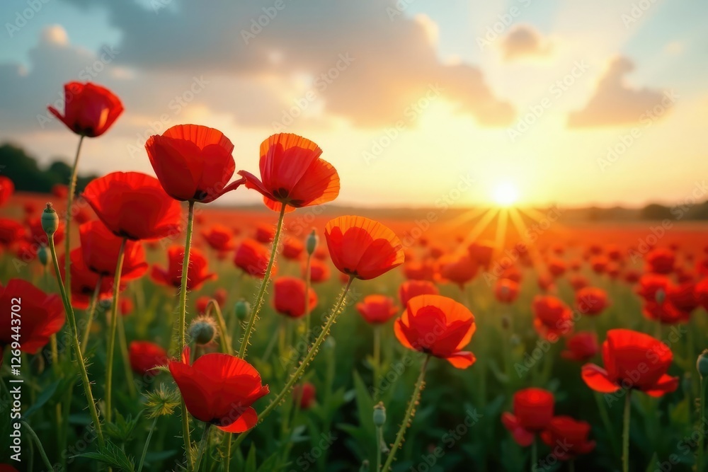 Fototapeta premium Tall poppies sway gently in the evening breeze, poppy field, peaceful atmosphere