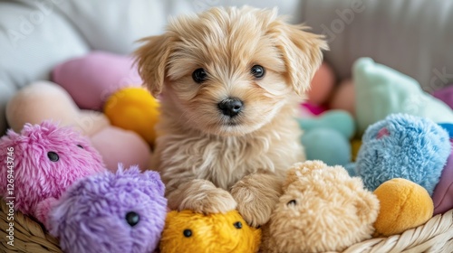 Cute puppy surrounded by colorful plush toys in a cozy basket