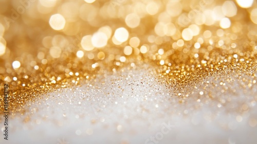 Shimmering gold glitter creates a sparkling effect in soft light during a fes...