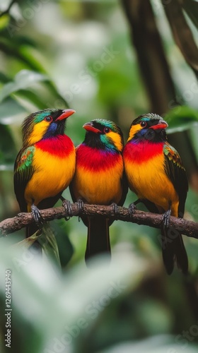 Colorful tropical birds perched on a branch in a lush jungle during daytime i...