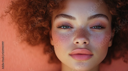 Portrait of a young woman with curly hair on a vibrant orange background high...