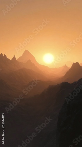 Breathtaking sunset over dramatic mountain peaks with mist in the foreground