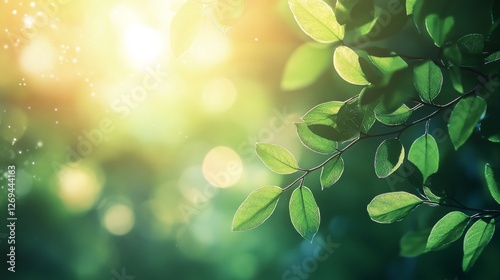 Lush green leaves illuminated by sunlight in a vibrant forest setting during ...