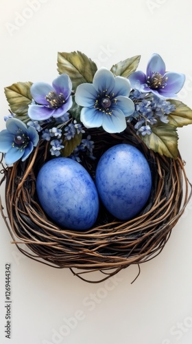 Colorful blue eggs in a woven nest surrounded by vibrant spring flowers