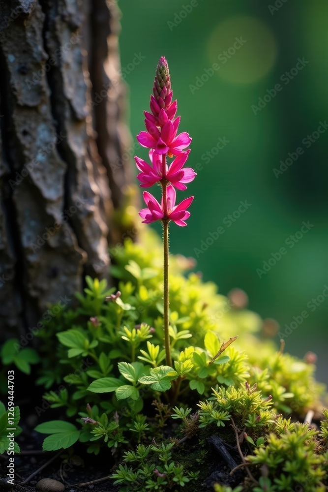 Obraz premium Thin stem of fireweed growing from a notch in a trunk, tree, fireweed