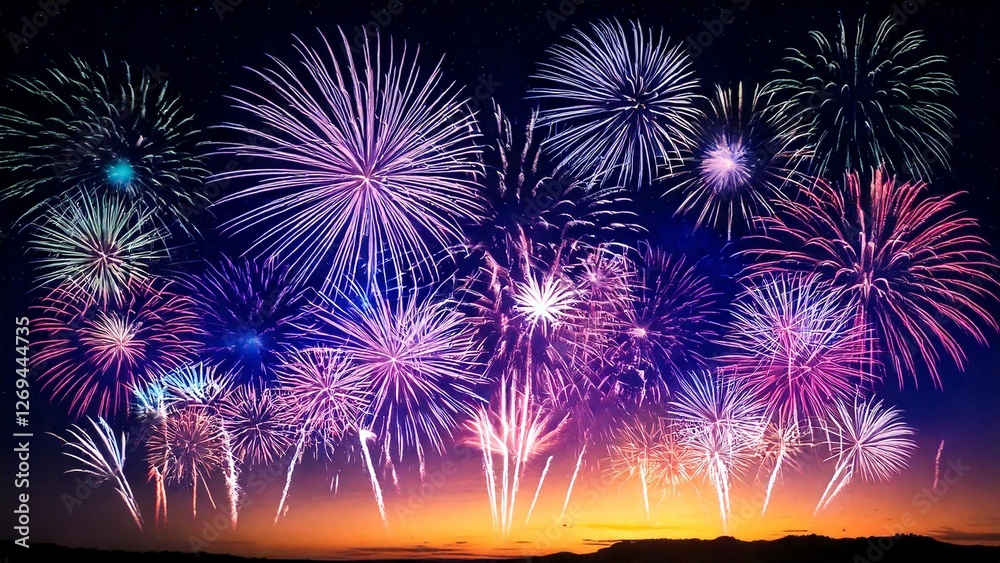 青い夜空に輝く綺麗で美しい打ち上げ花火のイメージ 背景素材 AI生成素材 青い夜空に輝く綺麗で美しい打ち上げ花火のイメージ 背景素材 AI生成素材