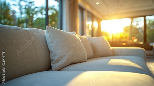 Sunlit modern living room with soft sofa and decorative cushions in warm even...
