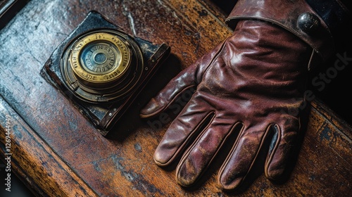 Vintage camera and leather glove resting on a wooden surface in a well-lit se...