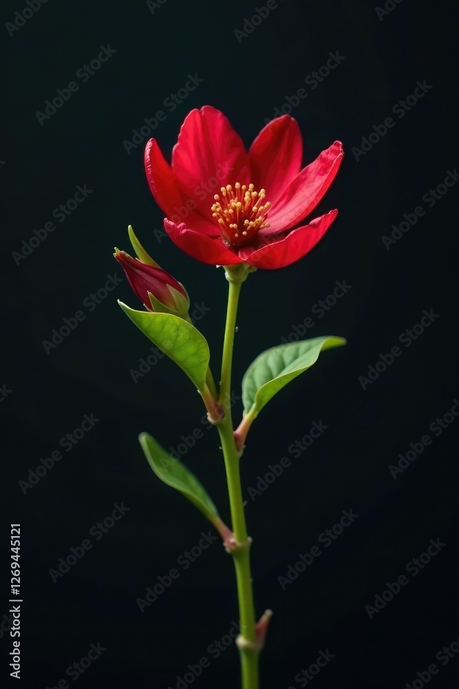 Tiny green stem with a single red cherry blossom against a dark background, nature, small blossom Tiny green stem with a single red cherry blossom against a dark background, nature, small blossom