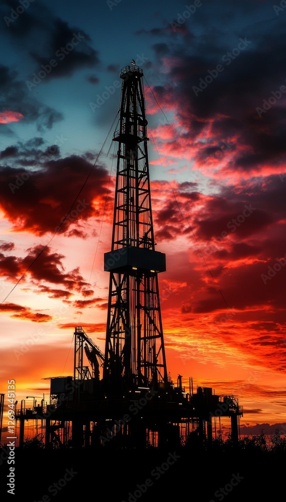 Silhouette of an oil rig against a vibrant sunset a realistic depiction of technology and nature Silhouette of an oil rig against a vibrant sunset a realistic depiction of technology and nature