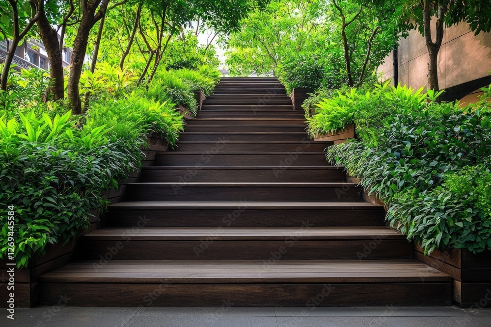 Japandi staircase with deep wooden steps and natural greenery accents Japandi staircase with deep wooden steps and natural greenery accents