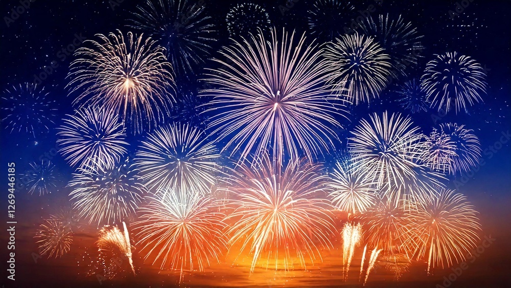 Fototapeta premium 青い夜空に輝く綺麗で美しい打ち上げ花火のイメージ 背景素材 AI生成素材