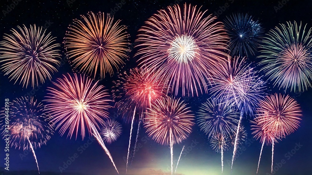 Fototapeta premium 青い夜空に輝く綺麗で美しい打ち上げ花火のイメージ 背景素材 AI生成素材