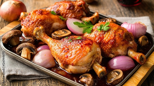 Coq au Vin from France, with chicken cooked in red wine, mushrooms, onions, and herbs, resulting in a tender, flavorful French dish