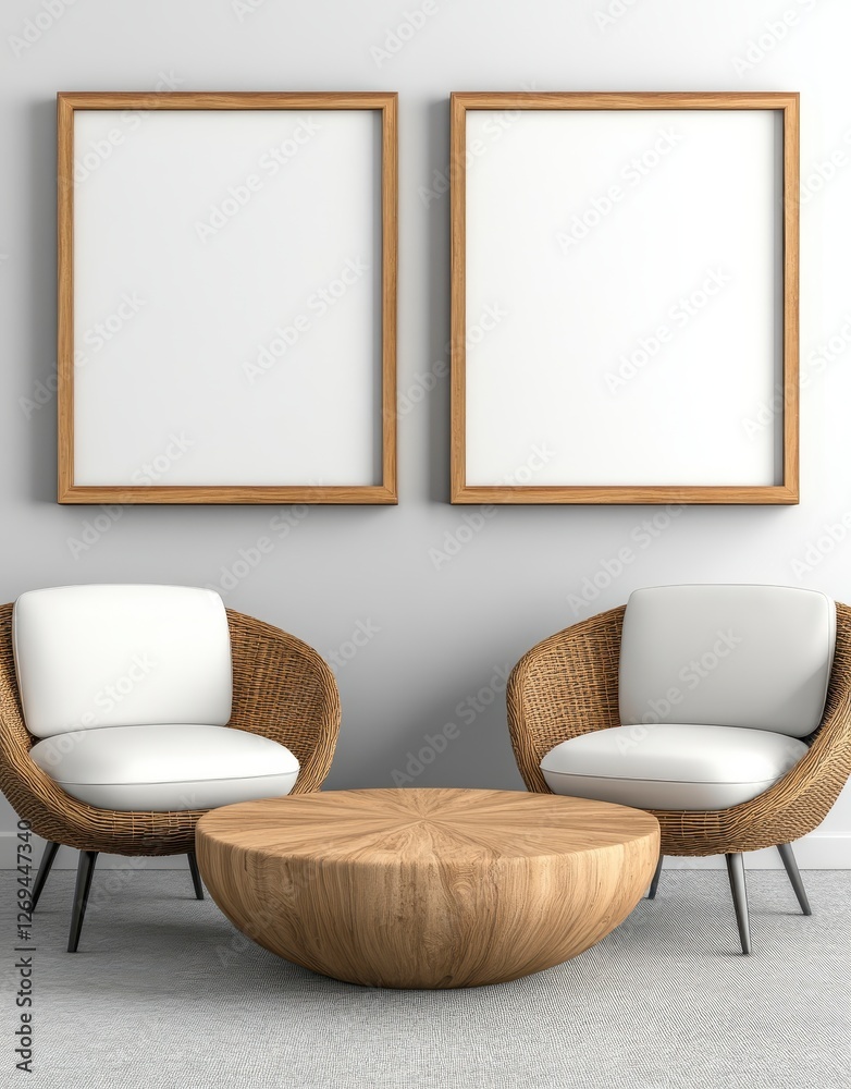 An interior design showcasing two wicker chairs with white cushions, separated by a wicker coffee table. Two blank posters hang on the light gray An interior design showcasing two wicker chairs with white cushions, separated by a wicker coffee table. Two blank posters hang on the light gray