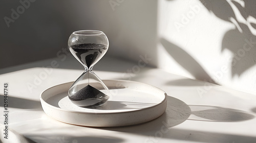Hourglass with black sand on a white dish, with a shadow of leaves on a white wall in the background.