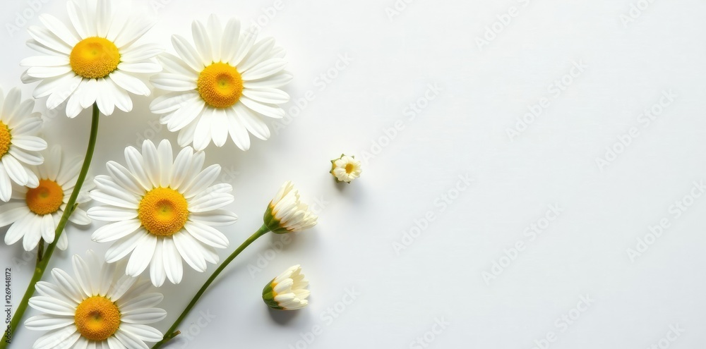 Obraz premium A delicate arrangement of white and yellow daisies on a clean white background, white, daisy