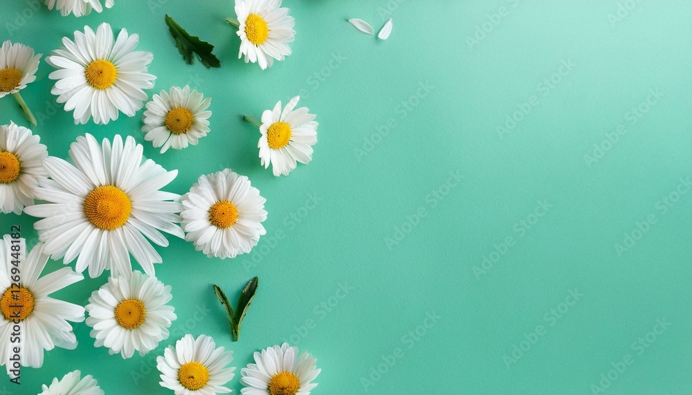 Fototapeta premium beautiful flowers composition daisy pattern spring and summer chamomile white flowers on pastel mint background flat lay top view copy space