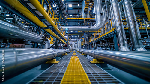 A high-tech factory interior with pipelines and reactors used for steam methane reforming, emphasizing grey hydrogen technology. 