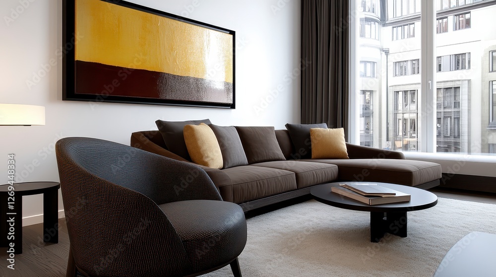 Modern living room interior design with brown sectional sofa, patterned armchair, abstract artwork, and coffee table. Neutral color palette with Modern living room interior design with brown sectional sofa, patterned armchair, abstract artwork, and coffee table. Neutral color palette with