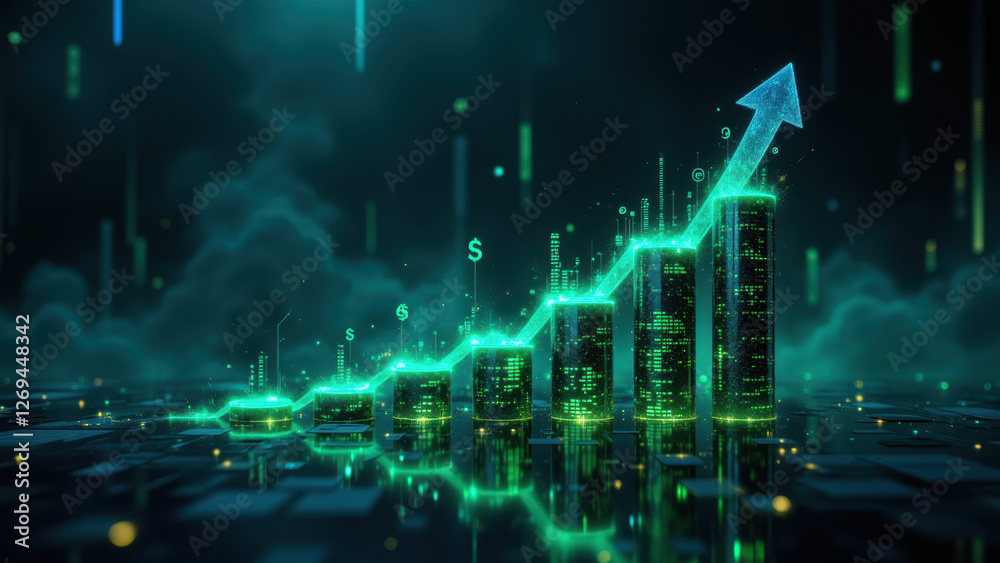 Image depicts a visually appealing illustration of financial growth with ascending bars and digital elements. Image depicts a visually appealing illustration of financial growth with ascending bars and digital elements.