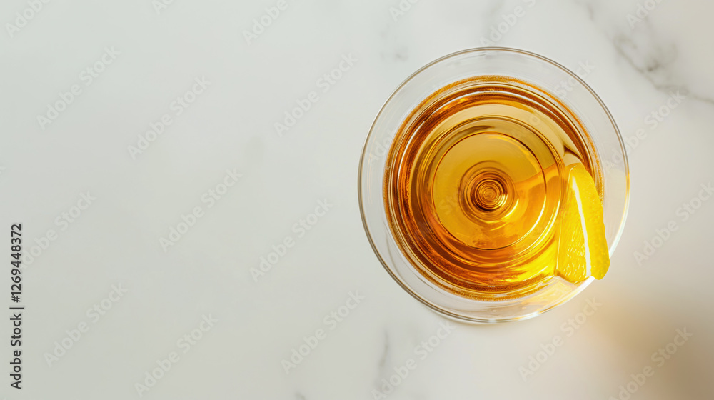 Delicious glass of amber drink with lemon slice on marble surface, perfect for a refreshing moment. Delicious glass of amber drink with lemon slice on marble surface, perfect for a refreshing moment.