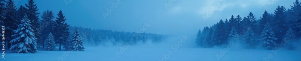Fototapeta premium A dense fog surrounds tall pine trees on a cold winter night, trees, winter, landscape