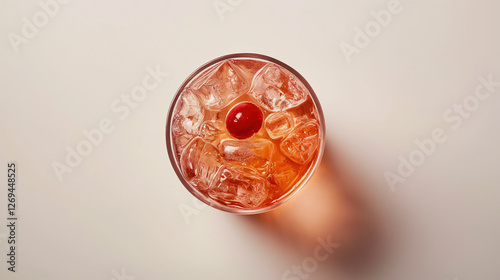 Refreshing cocktail with ice and cherry garnish served in a clear glass on a light background during an evening gathering.