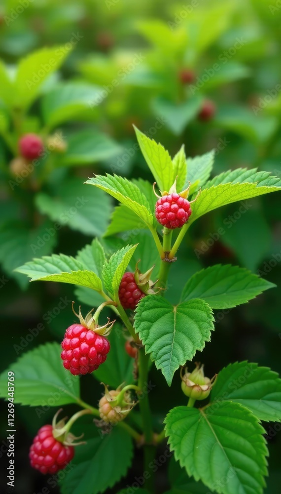 A field of raspberry bushes with lush green leaves, fruiting, plant, nature A field of raspberry bushes with lush green leaves, fruiting, plant, nature